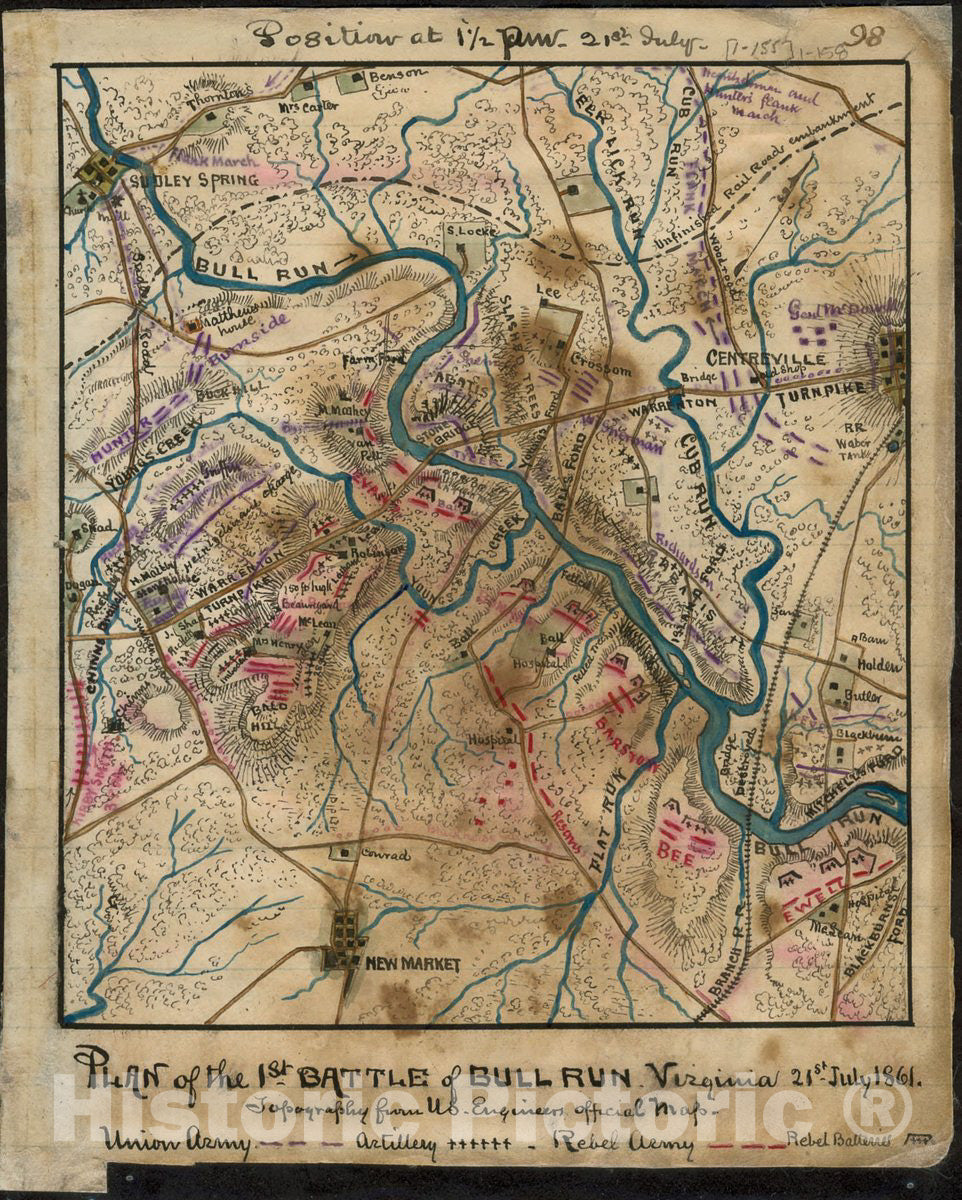 Historic 1861 Map - Plan of The 1st Battle of Bull Run Virginia 21st July 1861. Topography from U.S. Engineers Official map.