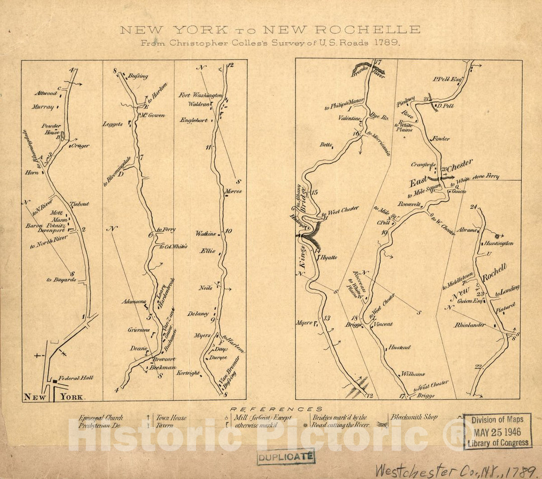 Historic 1800 Map - New York to New Rochelle : from Christopher Colles's Survey of U.S. Roads 1789.