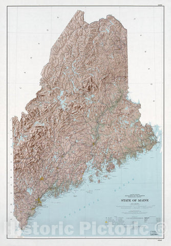 Historic 1977 Map - State of Maine; Base map with Highways and Contours, Shaded Relief.