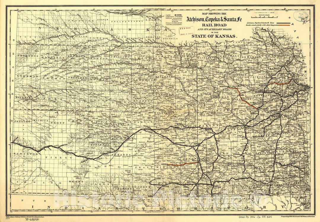 Historic 1886 Map - Map Showing The Atchison, Topeka & Santa Fé Rail Road and its Auxiliary Roads in The State of Kansas.