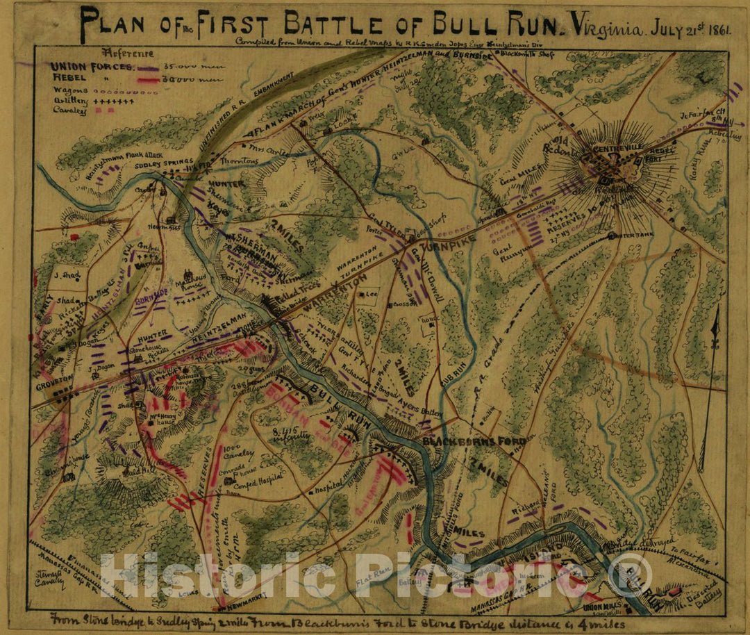Historic 1861 Map - Plan of The First Battle of Bull Run, Virginia. July 21st 1861.