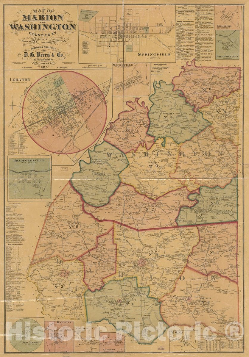 Historic 1877 Map - Map of Marion and Washington Counties, Ky : from Actual surveys and Official Records