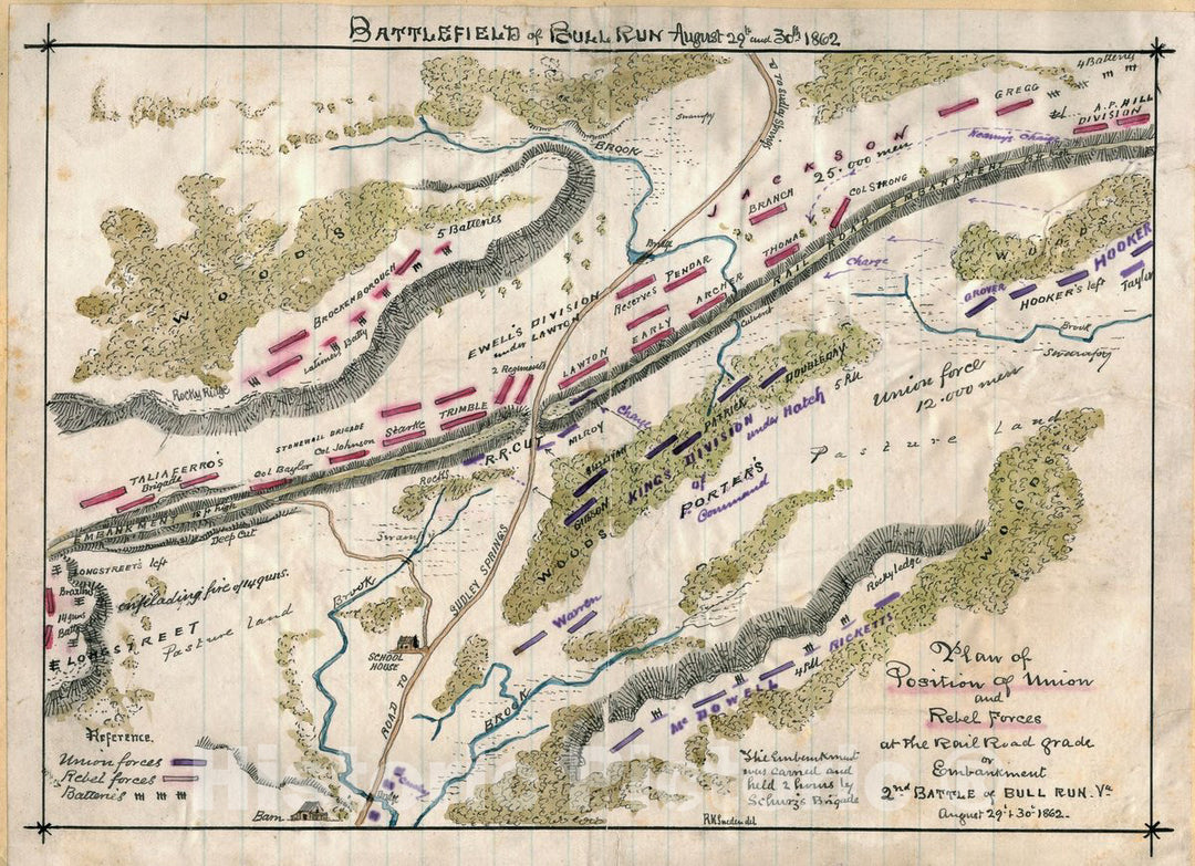 Historic 1862 Map - Battlefield of Bull Run August 29th and 30th 1862.