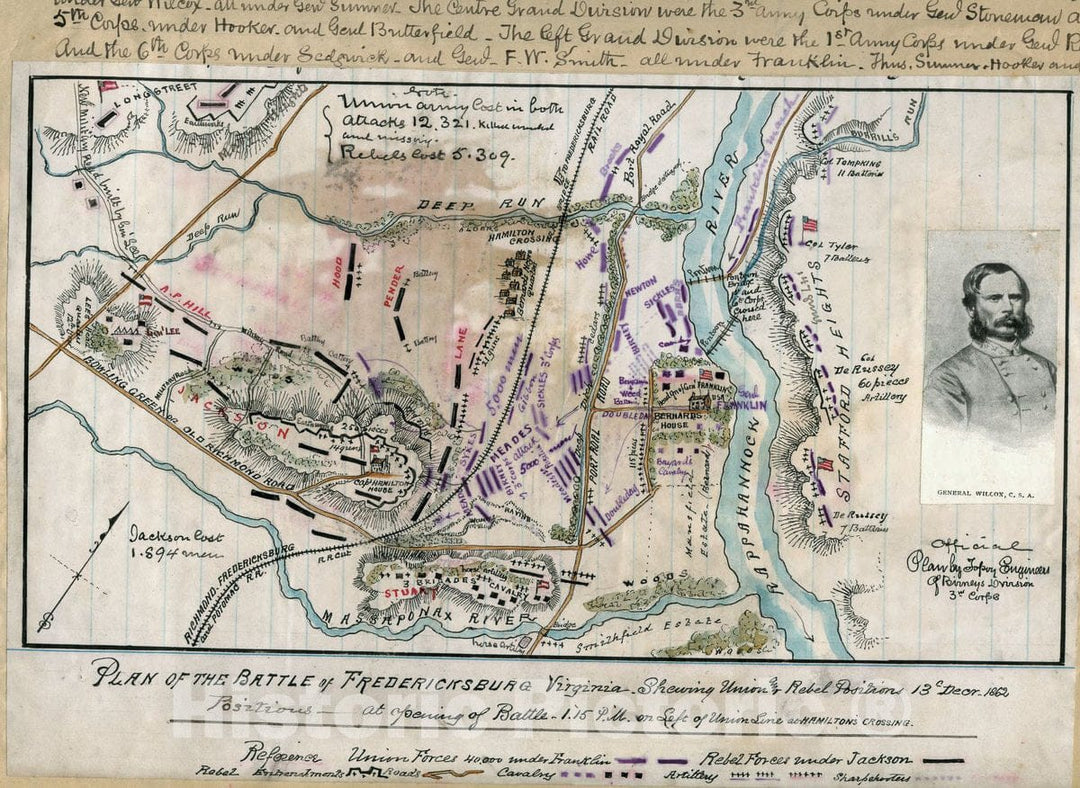 Historic 1862 Map - Plan of The Battle of Fredericksburg, Virginia : shewing sic Union and Rebel Positions 13th Decr 1862.