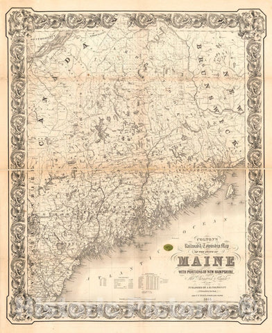 Historic 1855 Map - Colton's Railroad & Township map of The State of Maine, with portions of New Hampshire, New Brunswick & Canada