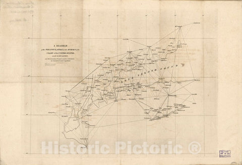 Historic 1834 Map - A Diagram of The Triangulation for The Survey of The Coast of The United States Made in 1817 and 1833 : and The Secondary Triangles Made in 1833 & 1834 in Connecticut