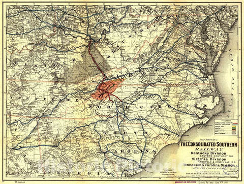 Historic 1883 Map - Map Showing The Consolidated Southern Railway, Kentucky Division-Eastern Kentucky R.R. Virginia Division-Norfolk & Cincinnati R.R. Tennessee & Carolina Division