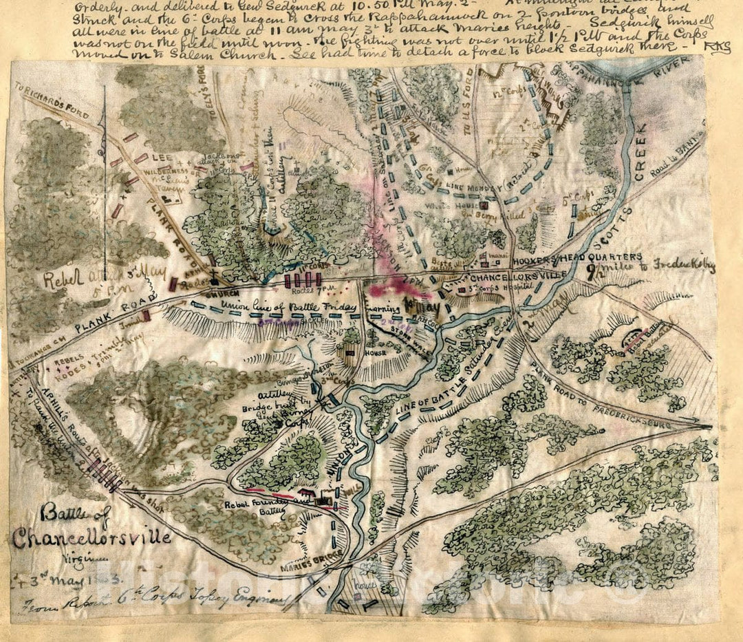 Historic 1863 Map - Battle of Chancellorsville Virginia 2nd & 3rd May 1863.