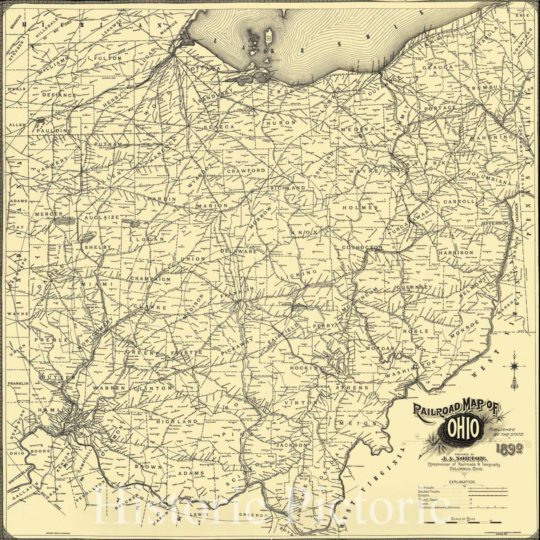 Historic 1890 Map - Railroad map of Ohio published by The State. 1890. Prepared by J. A. Norton, Commissioner of Railroads & telegraphs. Copyright by H. B. Stranahan.