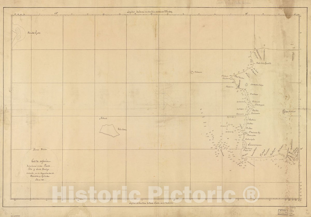 Historic 1793 Map - Carta esférica de la Canal Entre Puerto Rico y Santo Domingo