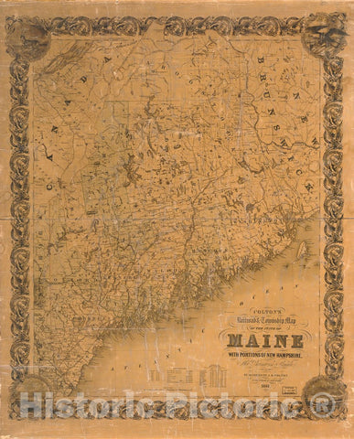 Historic 1852 Map - Colton's Railroad & Township map of The State of Maine, with portions of New Hampshire, New Brunswick & Canada