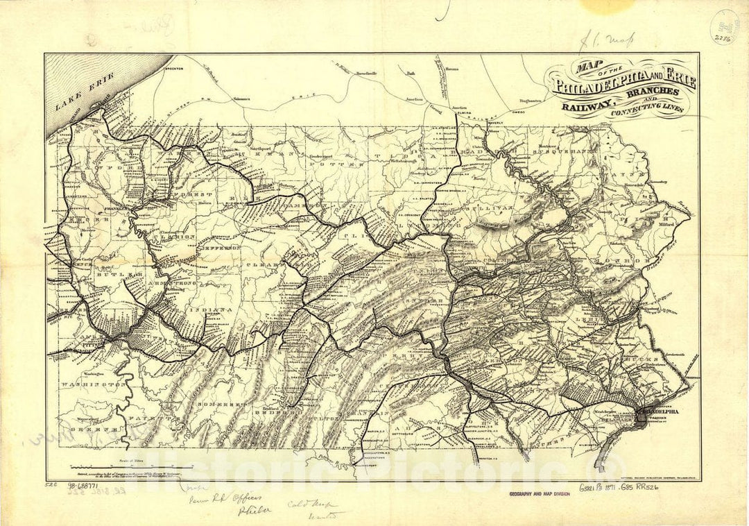 Historic 1871 Map - Map of The Philadelphia and Erie Railway, Branches and Connecting Lines.
