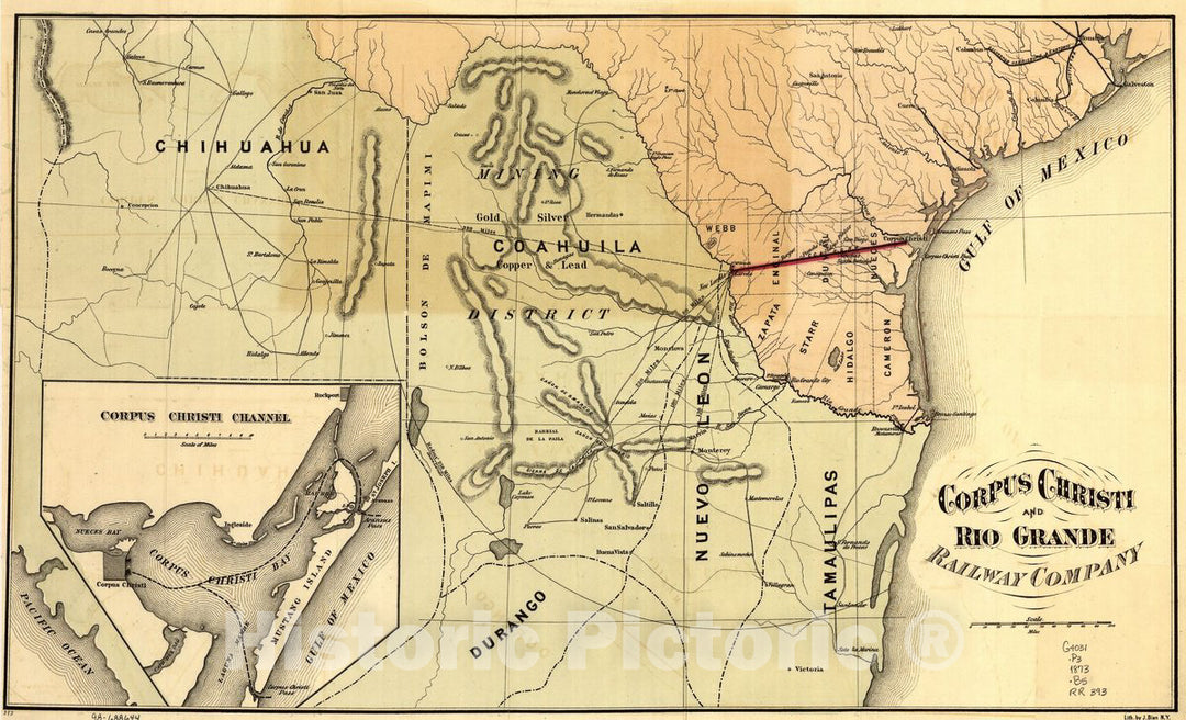 Historic 1873-1874 Map - Corpus Christi and Rio Grande Railway Company, map Showing The Proposed Railroad Between Laredo and Corpus Christi and its Connections with Mexico