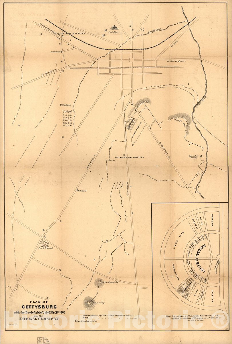 Historic 1800 Map - Plan of Gettysburg with The Battlefield of July 2nd & 3rd, 1863 and The National Cemetery.