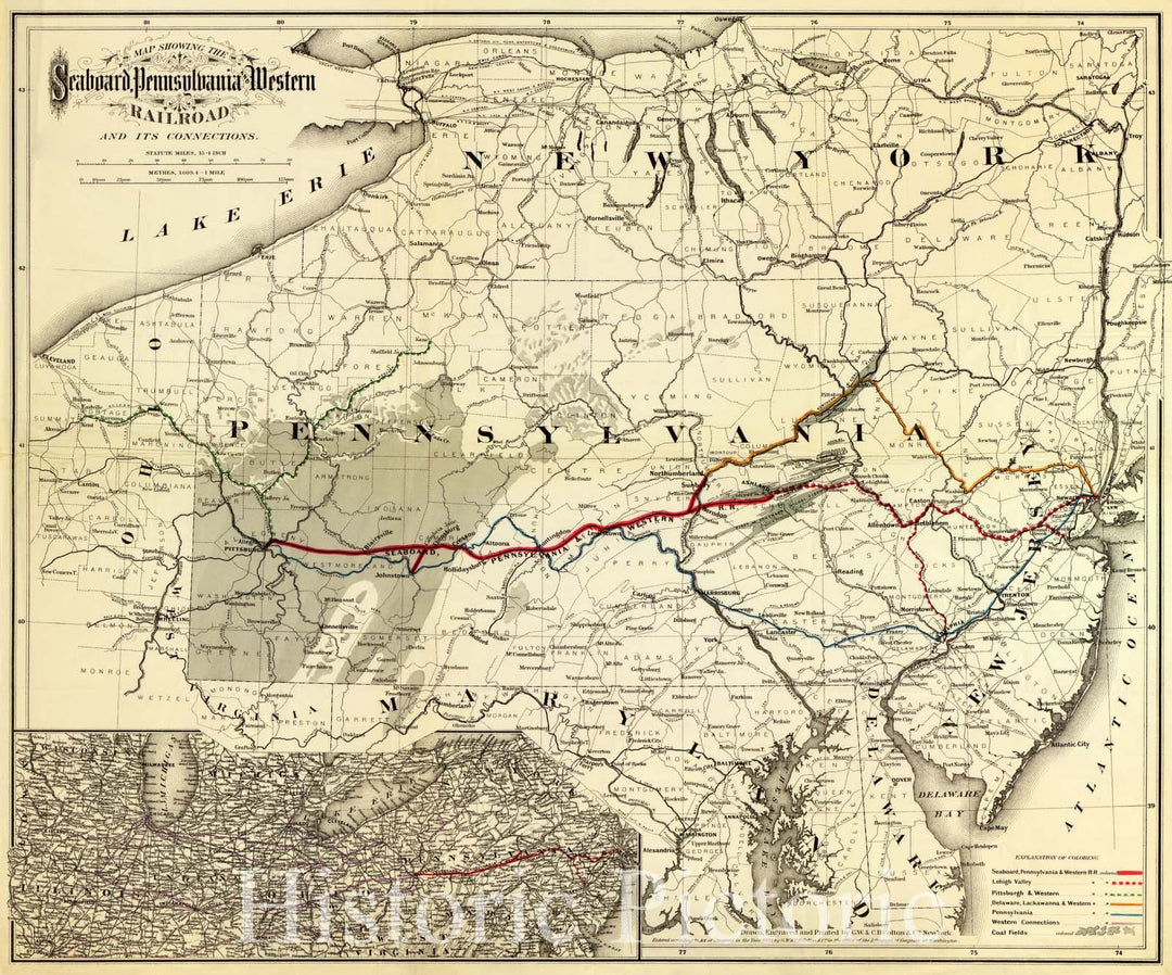 Historic 1884 Map - Map Showing The Seaboard, Pennsylvania and Western Railroad and its Connections.
