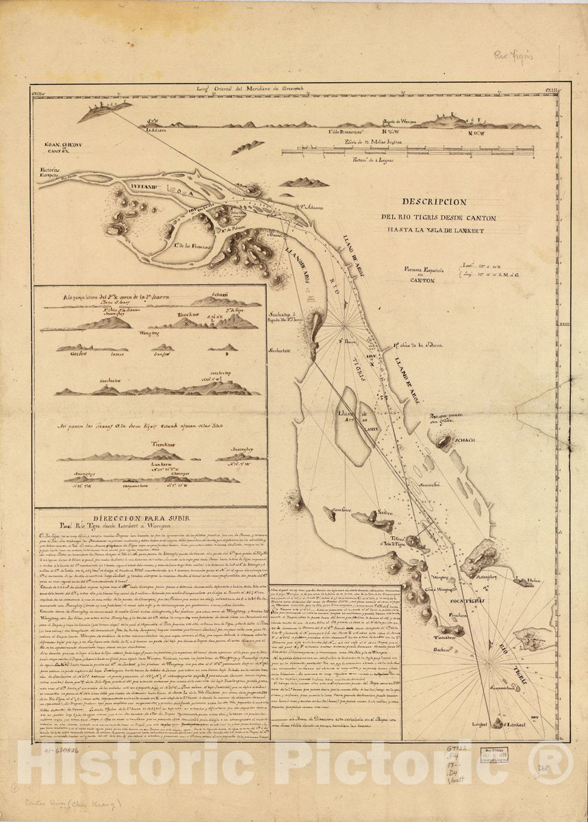 Historic 1700 Map - Descripción del RÃo Tigris Desde Canton Hasta la Ysla de Lankeet.