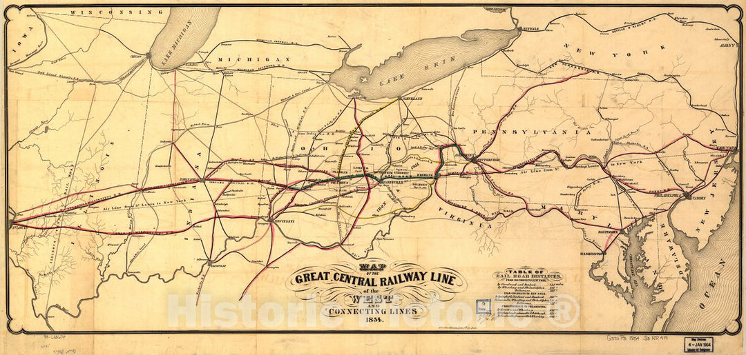 Historic 1854 Map - Map of The Great Central Railway Line of The west and Connecting Lines.