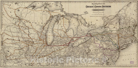 Historic 1872 Map - Map Showing The Route of The Chicago and Canada Southern Railway and its Connecting Lines.