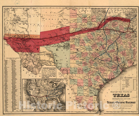 Historic 1873 Map - Map of The State of Texas Showing The line and Lands of The Texas and Pacific Railway Reserved and donated by The State of Texas, 1873.