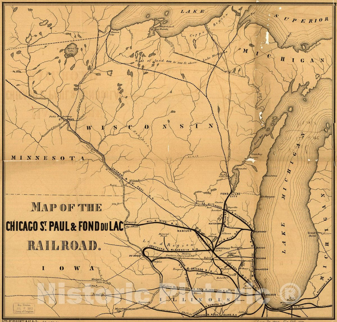 Historic 1855 Map - Map of The Chicago, St. Paul & Fond du Lac Railroad.