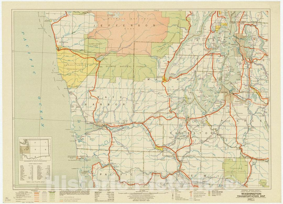 Map : Washington 1941 4, Washington transportation map : Highways, railroads canals, air lanes, and dredged channels , Antique Vintage Reproduction