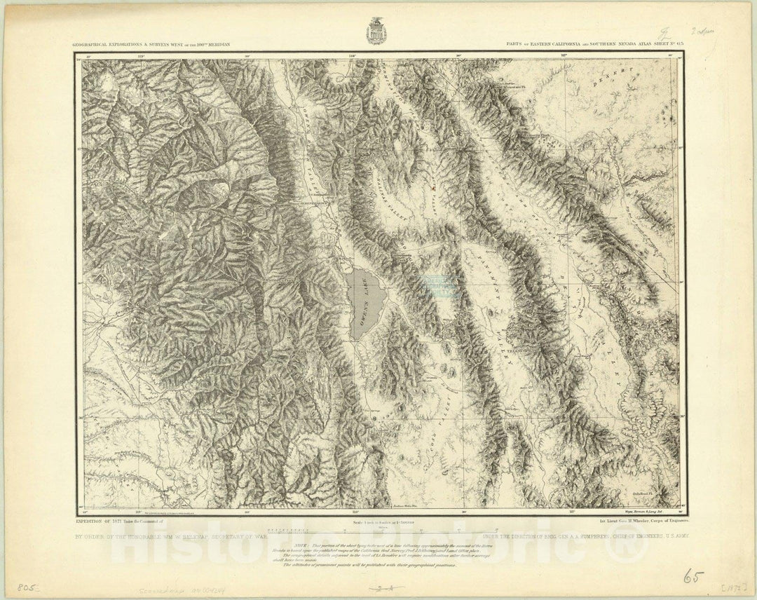 Map : California and Nevada 1871, Parts of eastern California and southern Nevada, atlas sheet no. 65, Antique Vintage Reproduction
