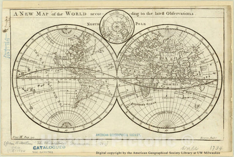 Map : World 1735, A new map of the world according to the latest observations , Antique Vintage Reproduction