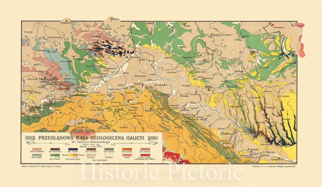 Map : Galicia, Poland and Ukraine 1908, Przegladowa mapa geologiczna Galicyi , Antique Vintage Reproduction