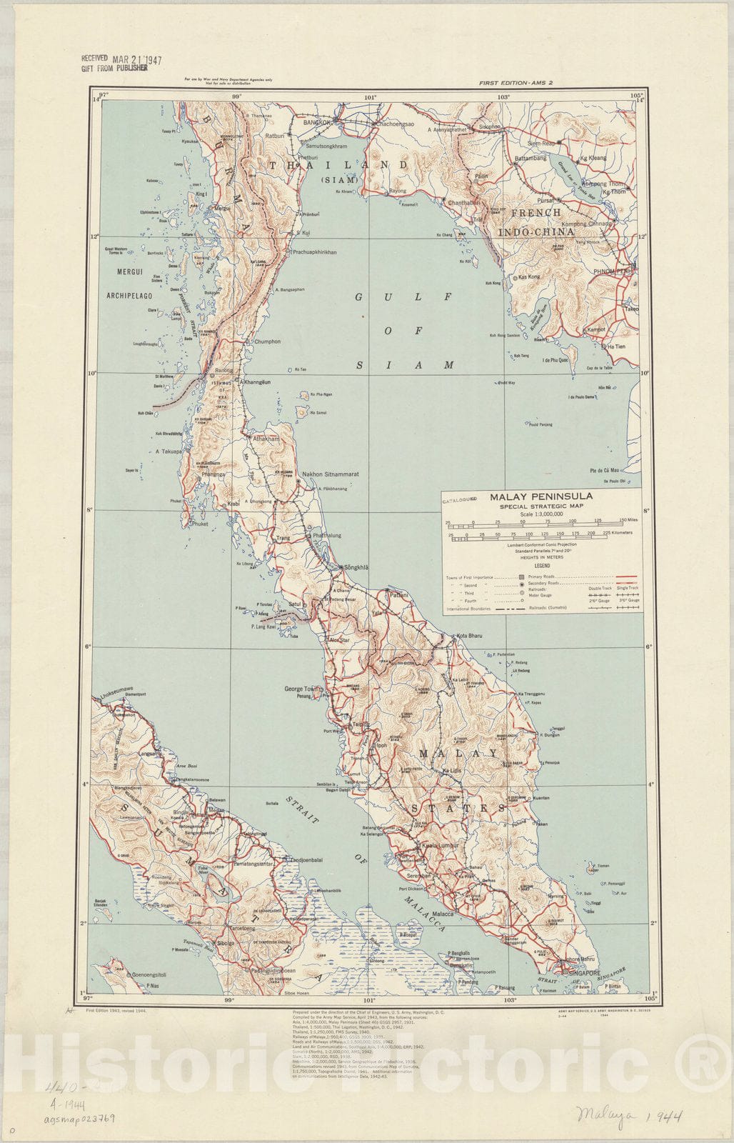 Map : Malay Peninsula 1944, Malay Peninsula : special strategic map , Antique Vintage Reproduction