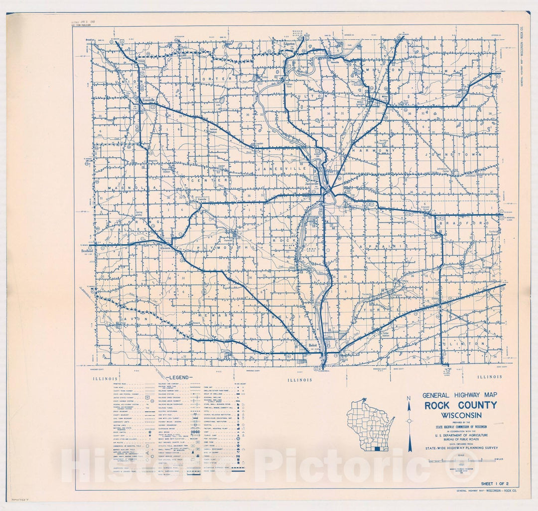 Map : Rock County, Wisconsin 1937 1, General highway map ... County, Wisconsin , Antique Vintage Reproduction