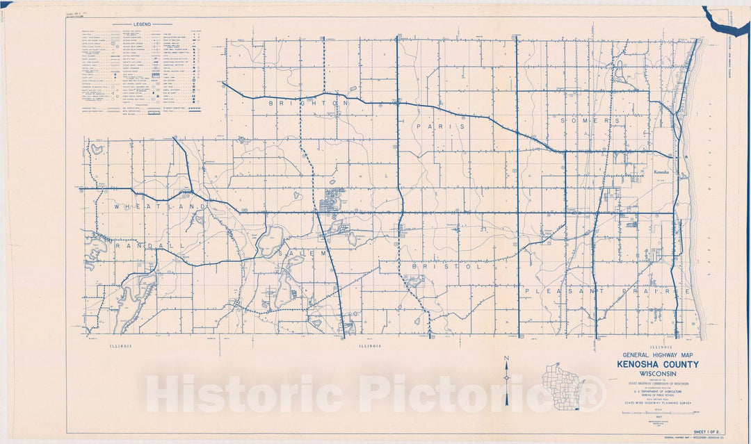 Map : Kenosha County, Wisconsin 1937 1, General highway map ... County, Wisconsin , Antique Vintage Reproduction
