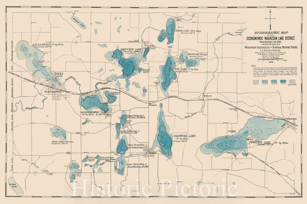 Historic Map : Oconomowoc Lake District, Waukesha County, Wisconsin 1898, Hydrographic map of the Oconomowoc-Waukesha Lake District, Waukesha County, Wis. , Antique Vintage Reproduction