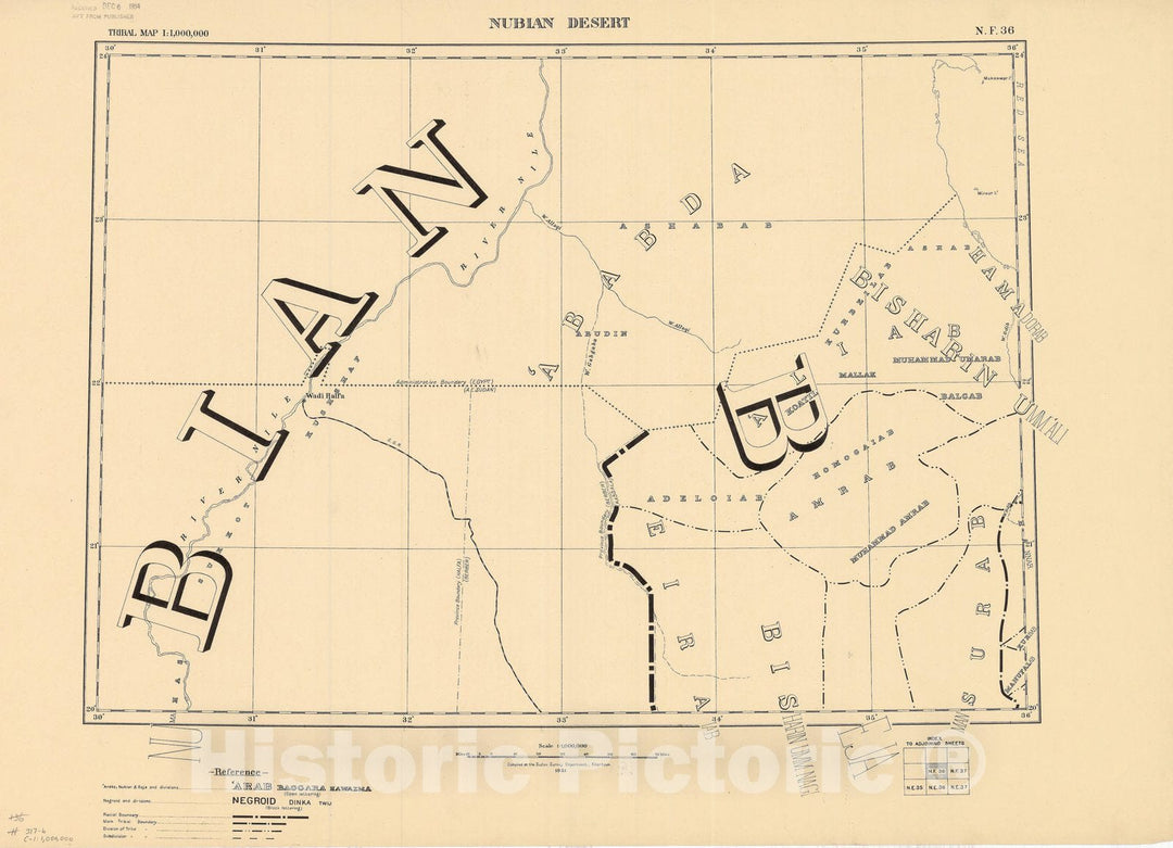 Map : Nubian Desert, Sudan 1931, Tribal map 1:1,000,000 , Antique Vintage Reproduction
