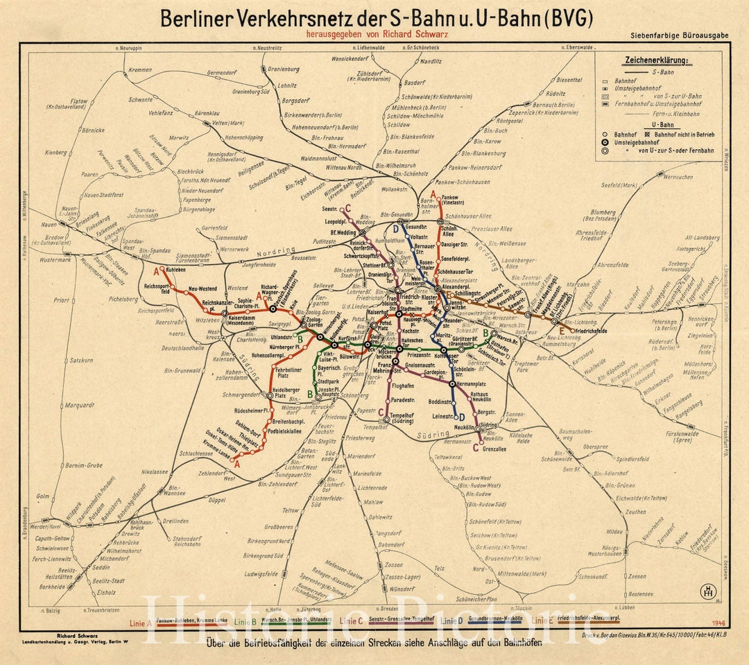 Map : Berlin, Germany 1946, Berliner Verkehrsnetz der S-Bahn u. U-Bahn (BVG) , Antique Vintage Reproduction