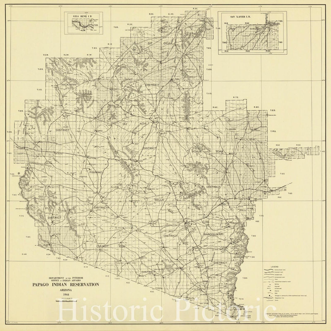 Map : Tohono O'odham Reservation, Arizona 1944, Papago Indian Reservation, Arizona , Antique Vintage Reproduction