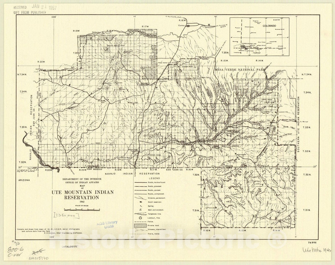 Map : Ute Mountain Indian Reservation, Colorado 1942, Ute Mountain Indian Reservation 1942, Antique Vintage Reproduction