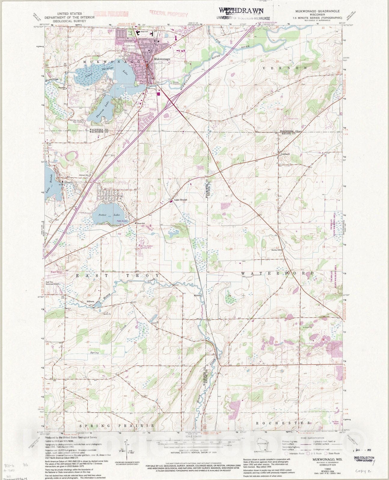 Map Mukwonago, Wisconsin 1994, Mukwonago quadrangle, Wisconsin 7.5 m