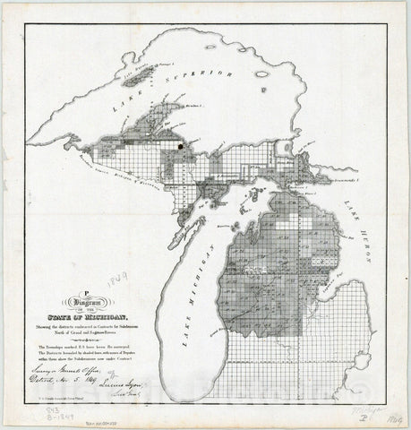 Map : Michigan 1849, Diagram of the state of Michigan : showing the districts embraced in contracts for subdivisions north of Grand and Saganaw Rivers