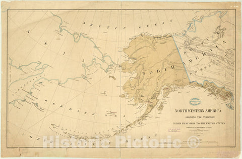 Map : Alaska 1867, North western America showing the territory ceded by Russia to the United States , Antique Vintage Reproduction