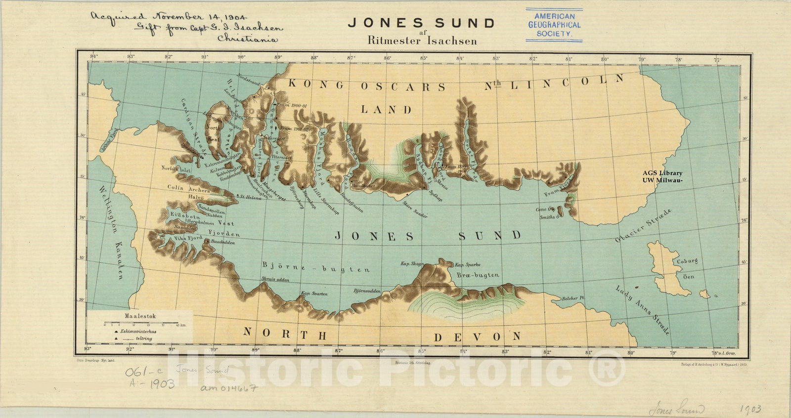 Map : Jones Sound, Northwest Territory, Canada 19003, Jones Sund , Antique Vintage Reproduction