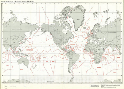 Map : World map 1977, World lake concept : A theoretical division of the seabed, Antique Vintage Reproduction