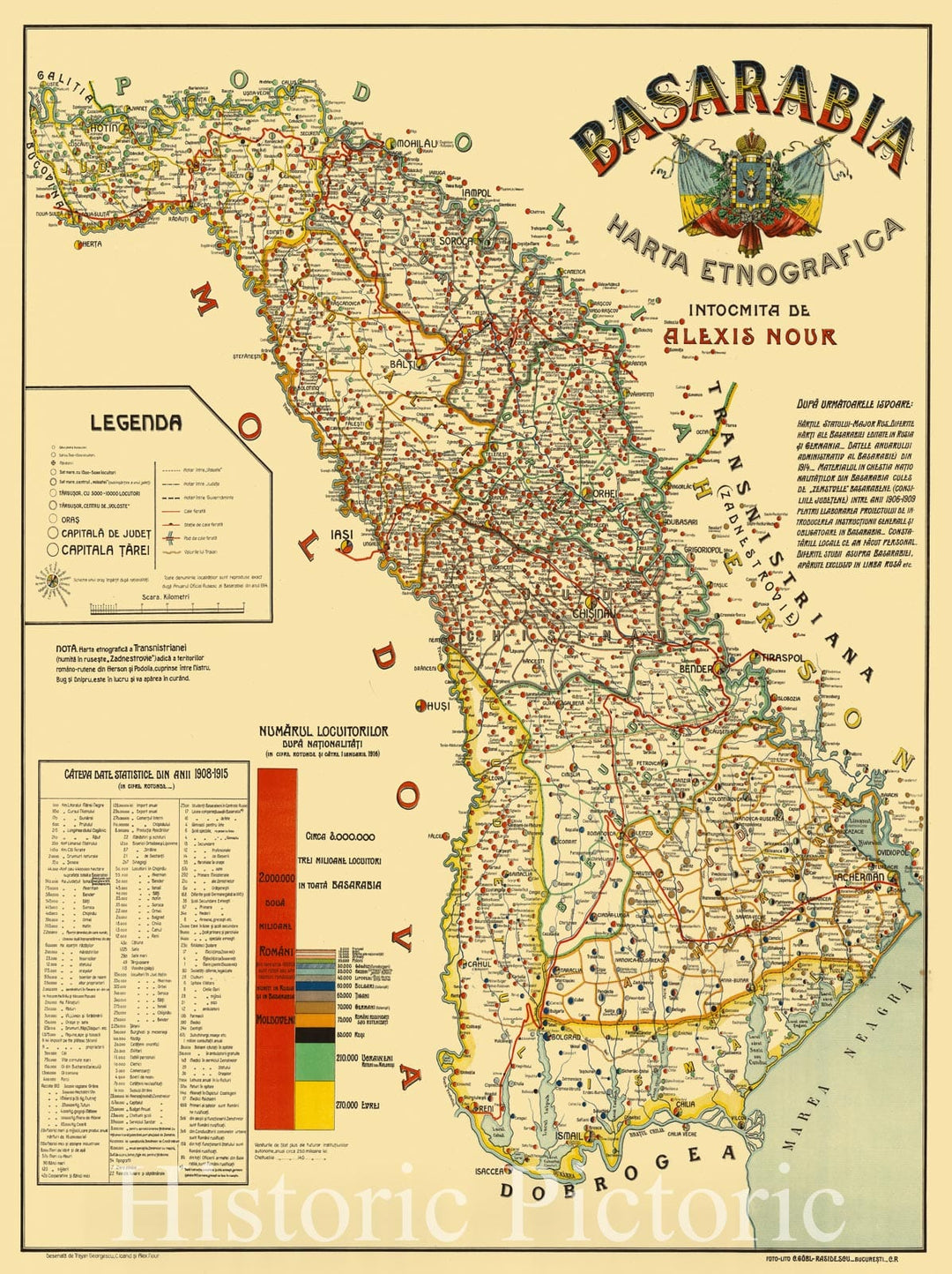 Map : Moldova 1919, Basarabia : harta etnografica , Antique Vintage Reproduction