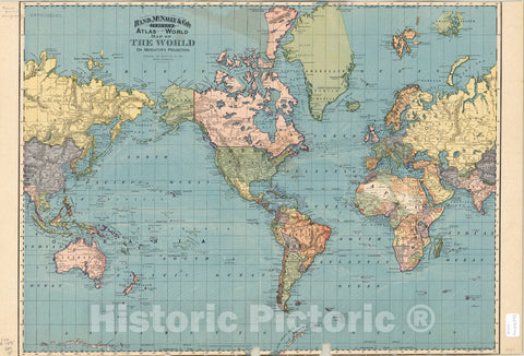 Map : World 1895, Map of the world on Mercators Projection : showing the direction of the ocean currents , Antique Vintage Reproduction