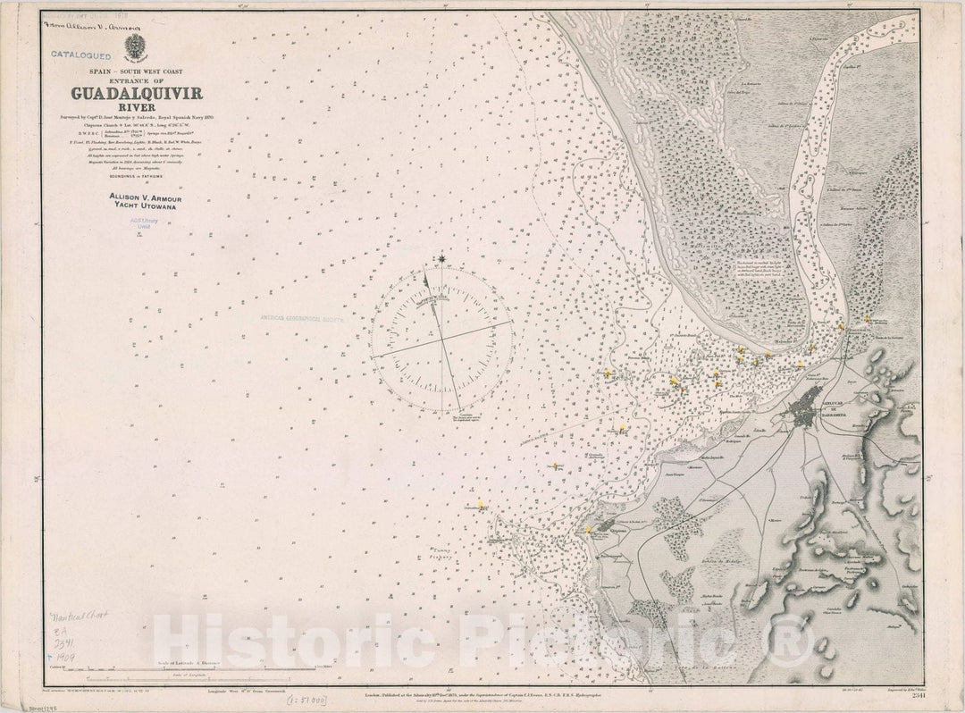 Map : Guadalquivir River, Spain 1909, Spain, South West coast : entrance of Guadalquivir River , Antique Vintage Reproduction