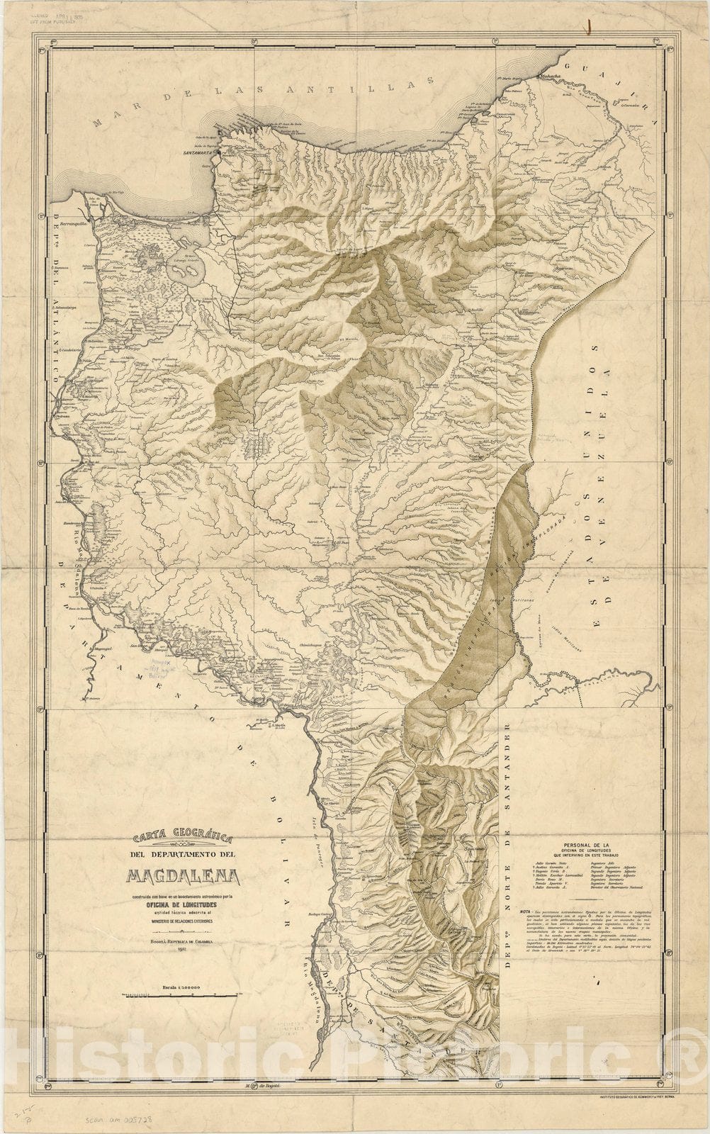 Map : Magdalena, Colombia 1932, Carta geografica del Departamento del Magdalena , Antique Vintage Reproduction
