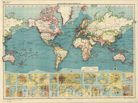 Map : World map 1951, Bartholomew's world shipping map , Antique Vintage Reproduction