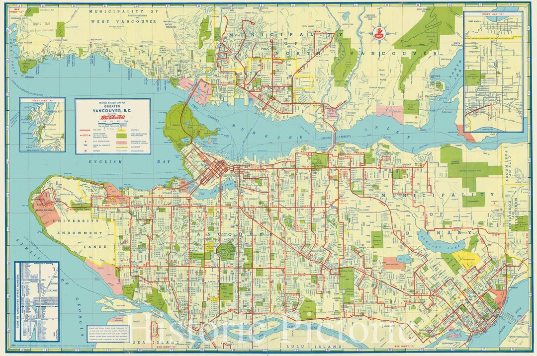 Map : Vancouver, British Columbia 1958, B.C. Electric guide to Greater Vancouver , Antique Vintage Reproduction