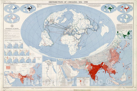 Map : World maps 1951, Distribution of cholera, 1816-1950 , Antique Vintage Reproduction