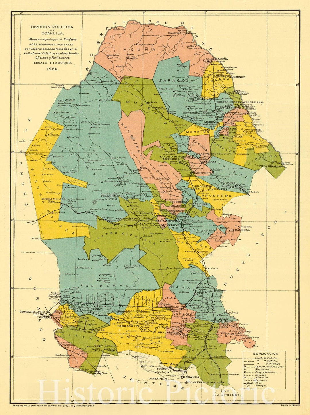 Map : Coahuila, Mexico 1926, Divisio?n poli?tica de Coahuila 1926 , Antique Vintage Reproduction