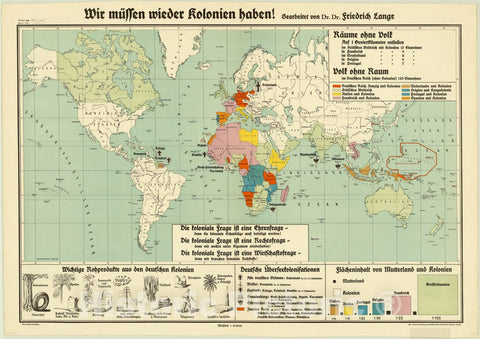 Map : World map 1938, Wir mussen wieder Kolonien haben! , Antique Vintage Reproduction